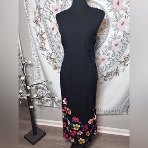 Vintage 90s Jantzen Black Floral Maxi Dress Hibiscus Border Made USA Medium